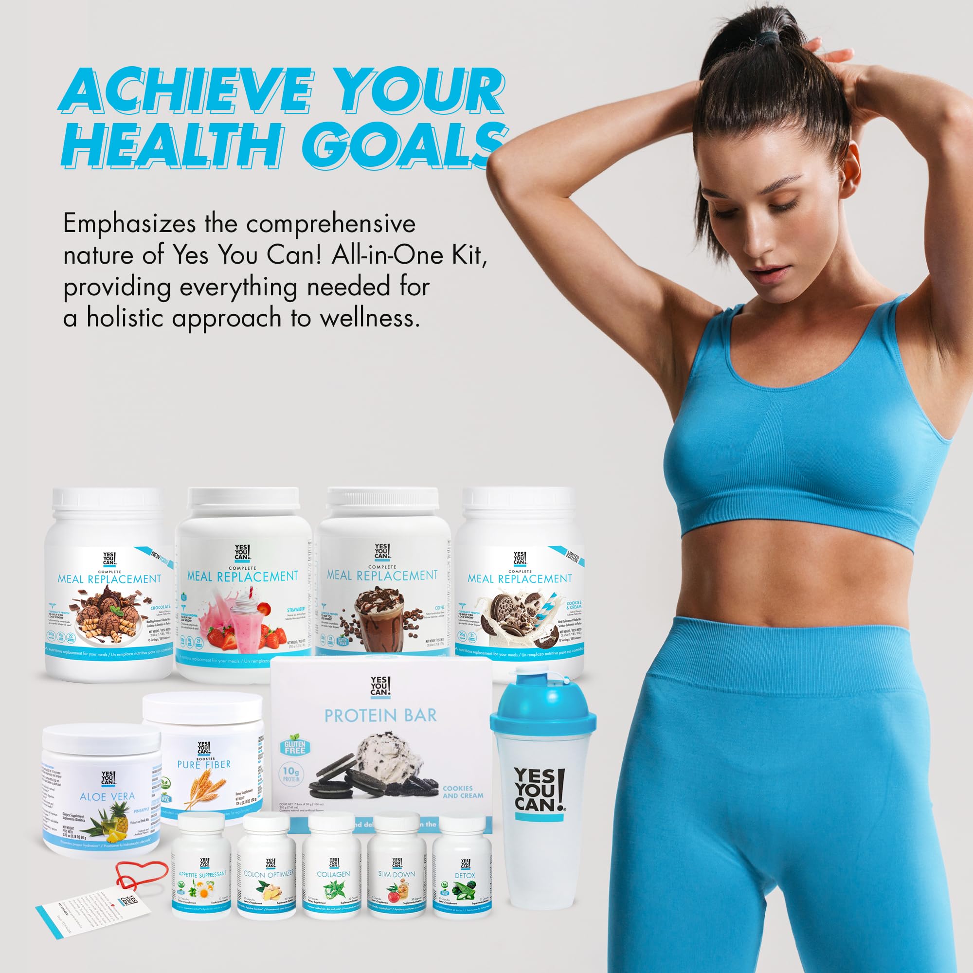Yes You Can! All-in-One Kit with Meal Replacement Shakes, Aloe Vera Drink Mix, Fiber Shake Mixer, Protein Snacks, Supplements - Complete Wellness Kit