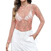 LOMON Womens Mesh Tops Lace Shirts Long Sleeve Crew Neck Sexy See Through Blouses Tee Party Club Night