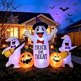 8FT Halloween Inflatable Ghosts with Broom & Pumpkins, LED Yard Decor | 3 Ghosts with Witch Hat, Trick or Treat Design, 2 Pumpkins & 9 LED Lights for Halloween Outdoor Yard Decorations