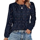 OFEEFAN Blouses for Women Dressy Casual Spring Tops 2026 Summer Outfits Flower Lace Crochet Long Sleeve Shirts