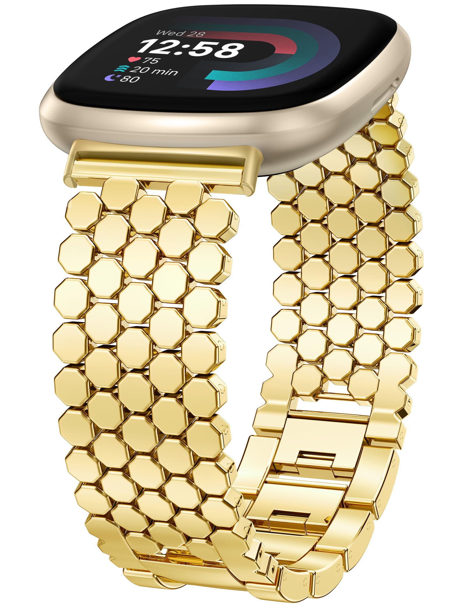 Photo 1 of Minyee Metal Bands Compatible with Fitbit Versa 3/Sense 2/Versa 4/Sense Band Women, Dressy Stainless Steel Mesh Chain Honeycomb Designer Gold Link Bracelet Wristband Replacement Strap for Versa 4