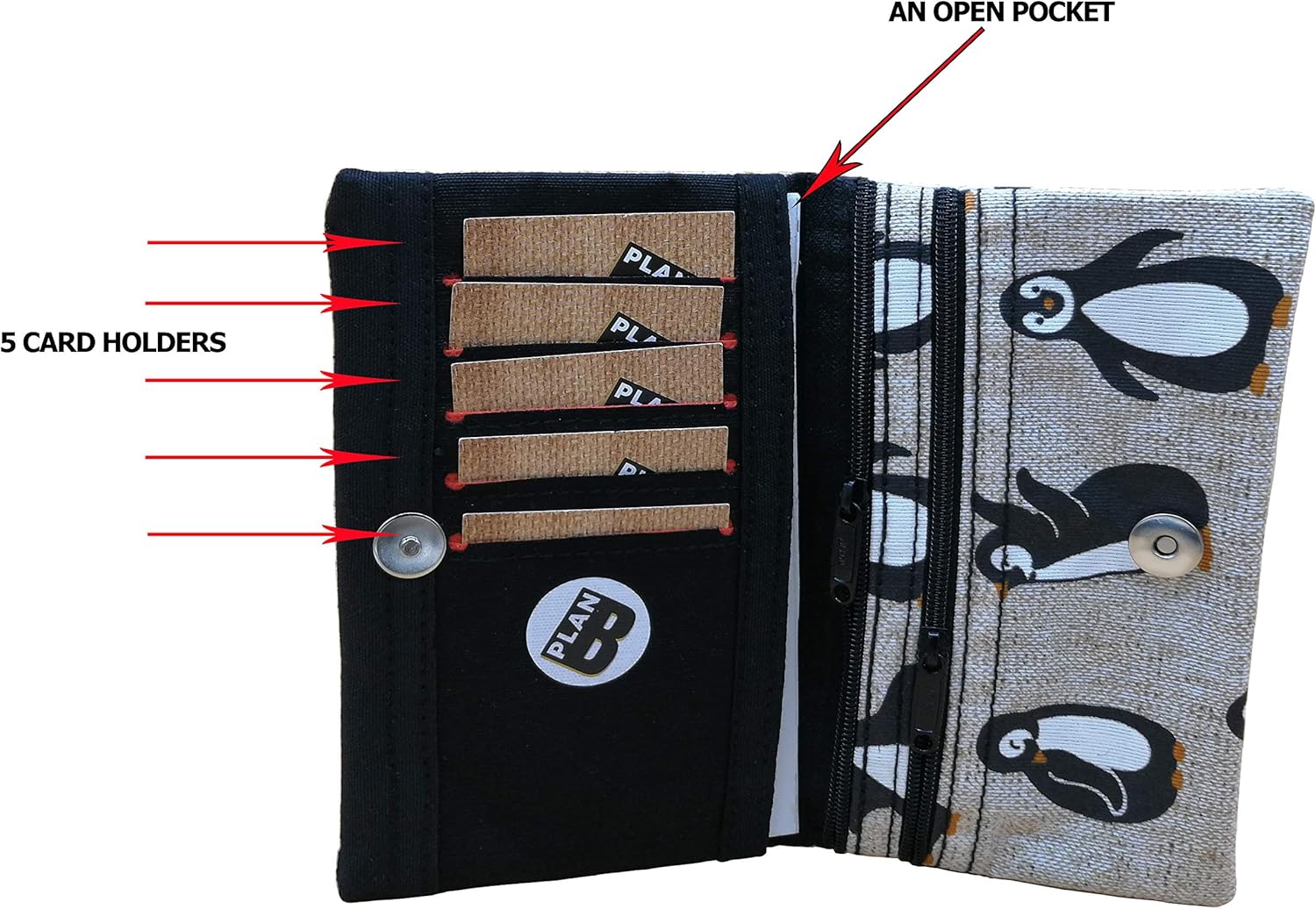 Plan B, Wallet, Purse Compact Penguin, 15 x 9 cm, with 5 Card Holder, Beige with Printed Drawings - Image 5