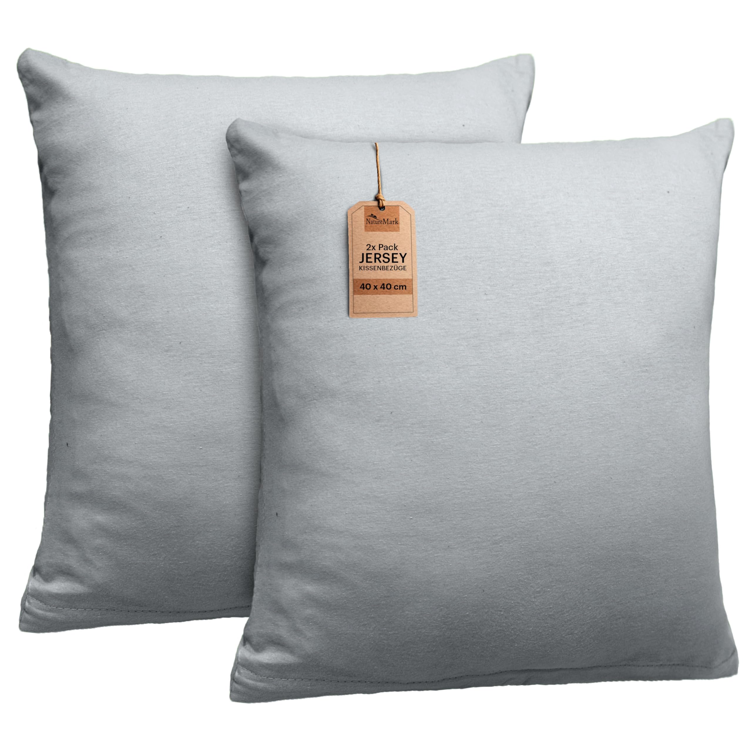 NatureMark 2 Pack Jersey Cushion Covers Pillow Cases / Cushion Covers for Body Pillows Neck Cushions Assorted Sizes and Colours Öko-Tex, 100% Cotton, silver grey, 40 x 40 cm