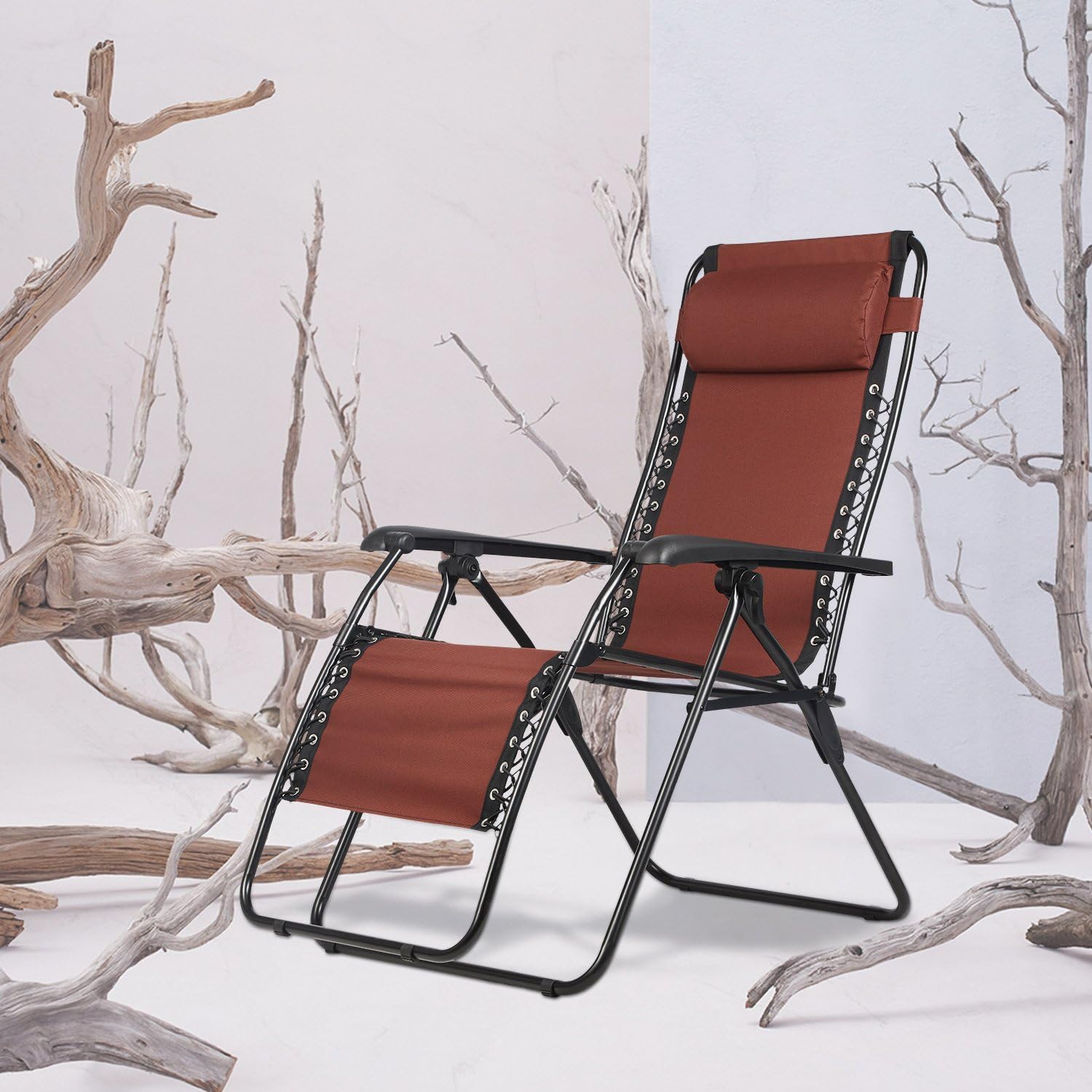 PORTAL Zero Gravity Recliner Lounge Chair, Folding Patio Lawn Pool Chair with Headrest Cup Holder, Support 300lbs, Brown, 20.5”(L) X21”(W) X 45”(H) (PR-LC-8012-BR): Sports & Outdoors