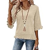 LOMON Women's Sweaters 3/4 Sleeve Business Casual Sweater V Neck Boho Tops Cute Crop Knit Peplum Pullover Spring Outfits