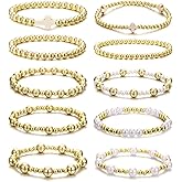 BOMAIL 10pcs Gold Beaded Bracelets for Women - Non Tarnish 14K Gold Plated Stackable Pearl Cross Dainty Gold Bracelets - Trendy Jewelry