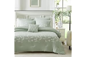 MaiRêve Sage Green Bedding Sets Queen Comforter, Floral Embroidery Queen Bed Set with Comforters, Sheets, Pillowcases & Shams, Bedding Set 7 Pieces