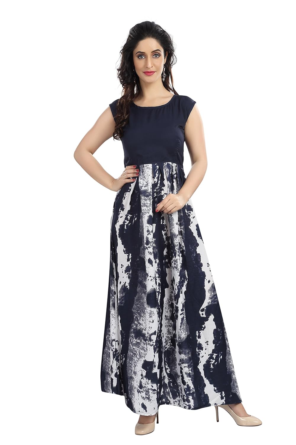 vaidehi fab women's dark blue and white color crepe fabric semi-stitch printed gown