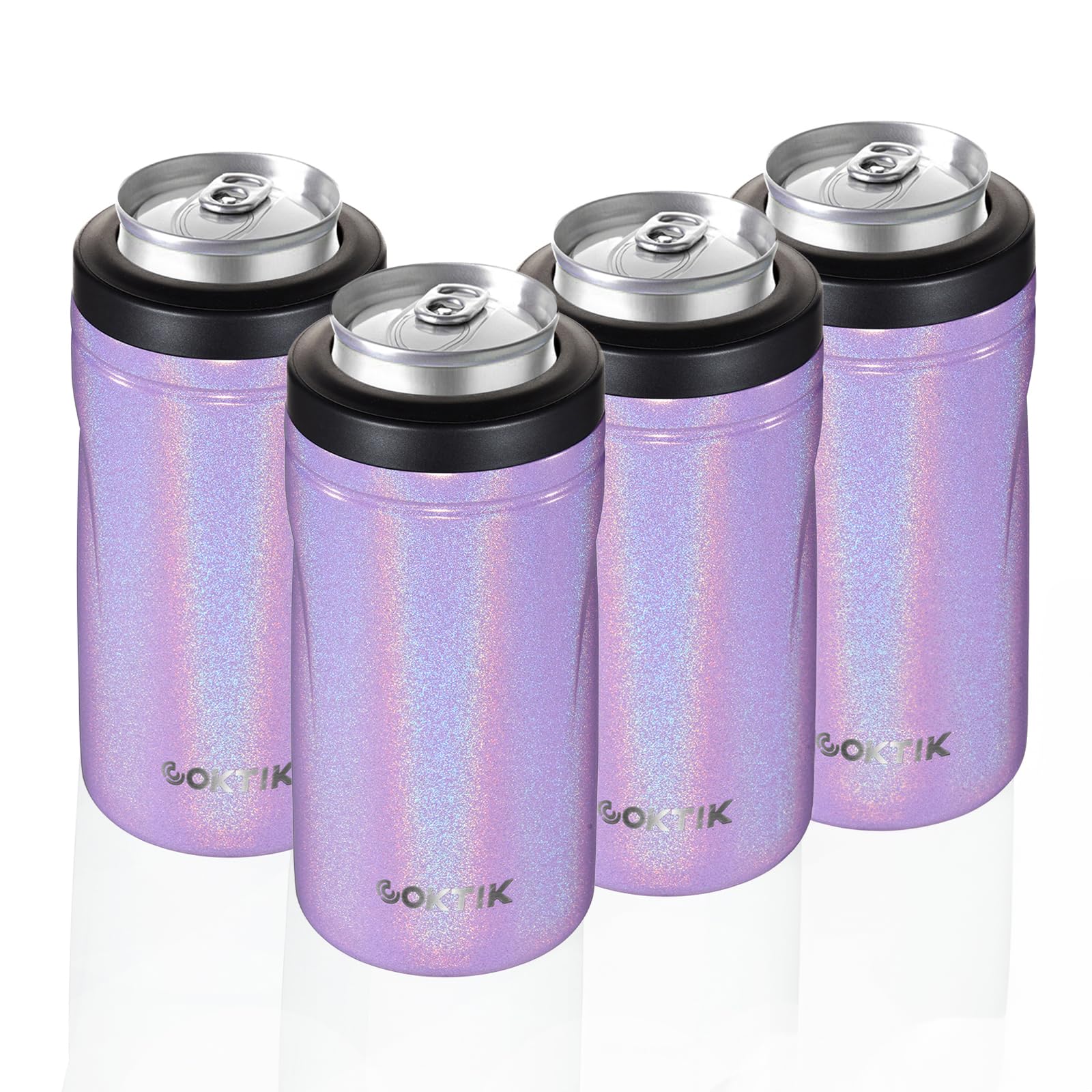COKTIK 4 in 1 Insulated Can Cooler, 4 Pack Double Wall Slim Can Cooler Set for 12 oz Regular or Slim Cans & Beer Bottle (Purple Shimmer) Image