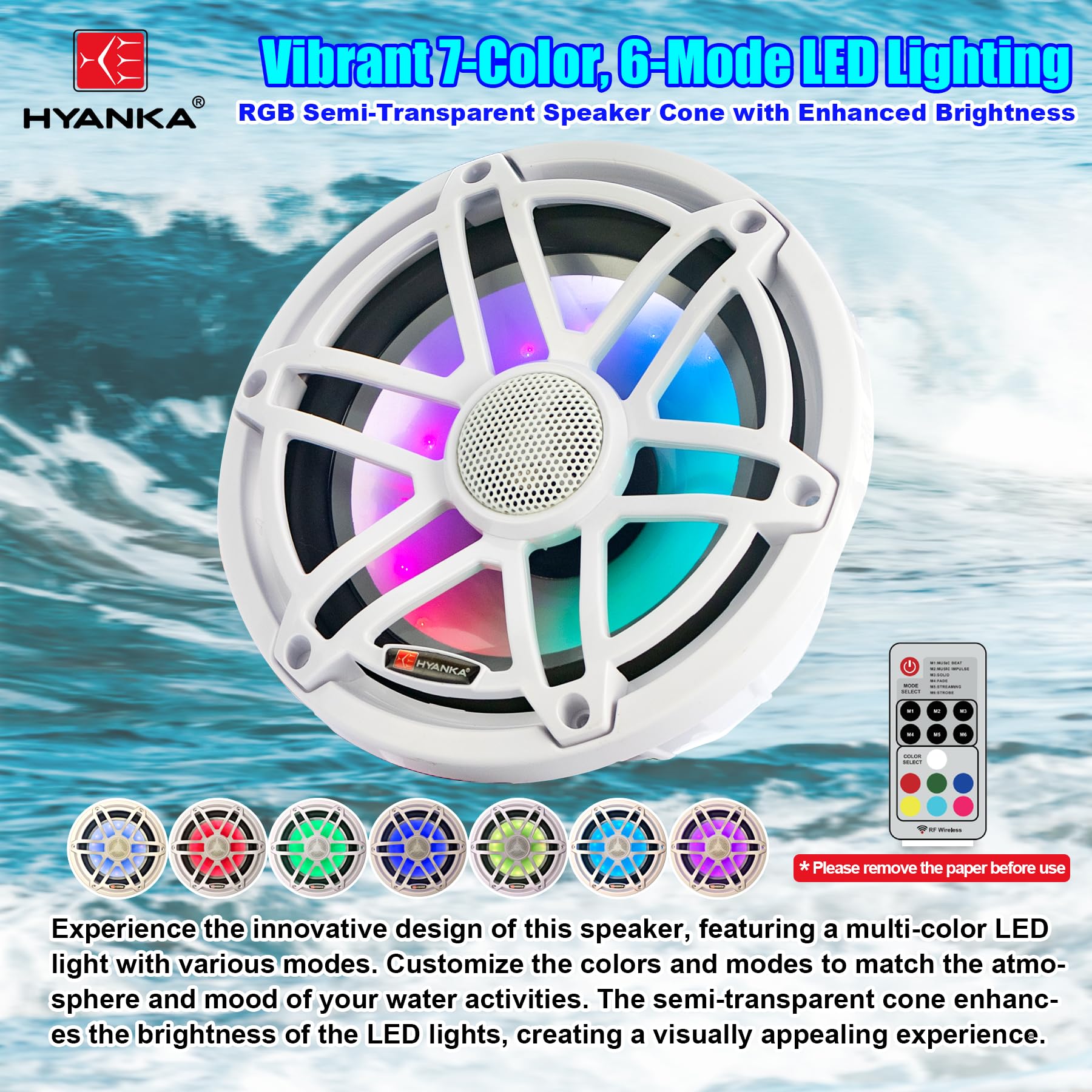 H YANKA HMS-65 6.5 Marine Speakers - 750W 2-Way IP67 Waterproof Boat Stereo System with LED Lights, High-Fidelity Coaxial Speakers, Y35 Magnet Woofer, UV & Salt Spray Resistant - 1 Pair (White)