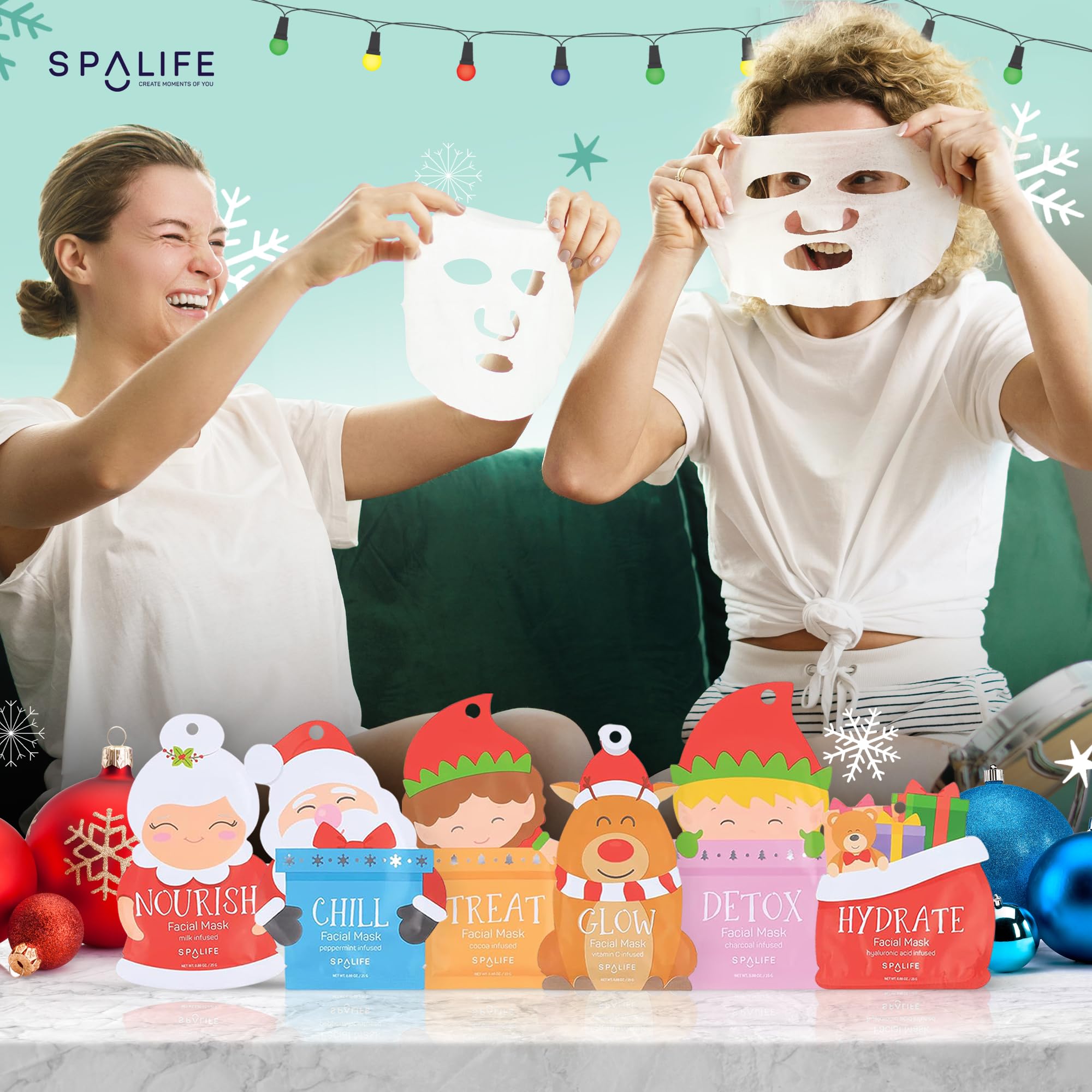 SpaLife Santa's Squad Hydrating Facial Masks - 12 Pack for Moisturizing and Soothing Beauty - Skincare Set for Radiant Skin