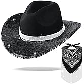 Mepase 2 Pcs Rhinestone Cowgirl Hat Bling Bandana Glitter Cowboy Hat for Disco Parties Western Wedding Cosplay (Classic Style)