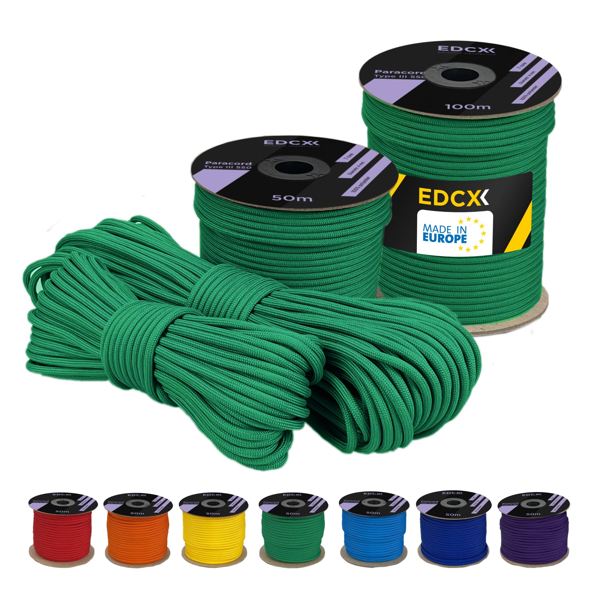 EdcX 4 mm Polyester Paracord 550 (15, 30 and 50 m) – 4 mm Type III, Tear-Resistant Parachute Cord for Survival Made of 100% Polyester with 7 Wires | Solid Colours (Green Meadow, 15 m)