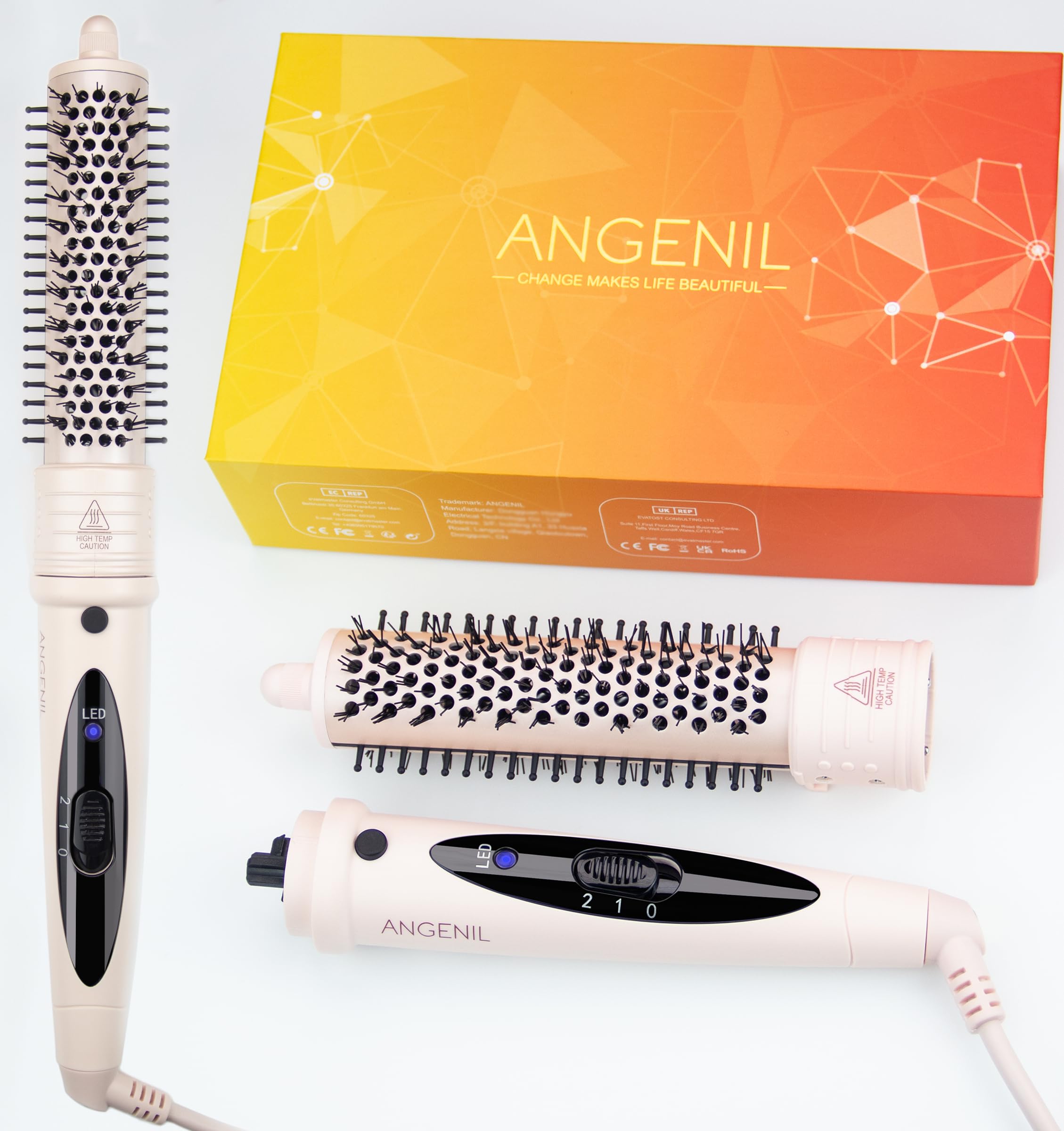 Photo 1 of ANGENIL Heated Hair Brush - Voluming and Straightener 1.25inch Round Hot Hair Comb for Women, Tourmaline Ceramic Curling Iron, Frizz-Free, Negative Ion, Beachwave, Dual Voltage, Detachable, Pink