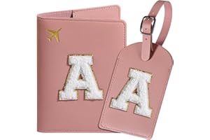 ROKOXIN Passport Cover Case and Luggage Tag Set for Women Girls, Passport Book Holder with Personalized Chenille Letter Patch, Slim Travel Wallet Bag Suitcase Identifier, Pink, A