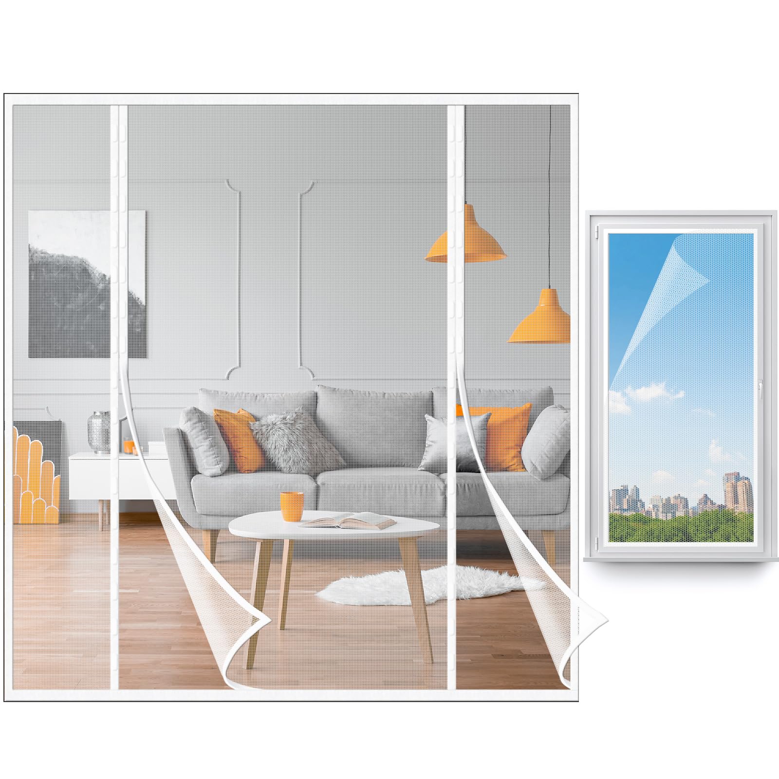 Magnetic Fly Screen Door Window Fly Screens Mesh 188 x 206 cm Double Door Fly Screens for Patio Doors Window Net with Hook Sticky Tapes for Protection Sliding Door, White