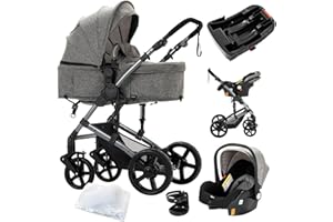 SUTTONBEBE 3 in 1 Baby Travel System Reversible Baby Stroller Pushchair Portable Baby Standard Pram Buggy Baby Carriage Foldable Luxury Baby High Landscape Pram for Toddler Newborn (UD588-Grey with Base)