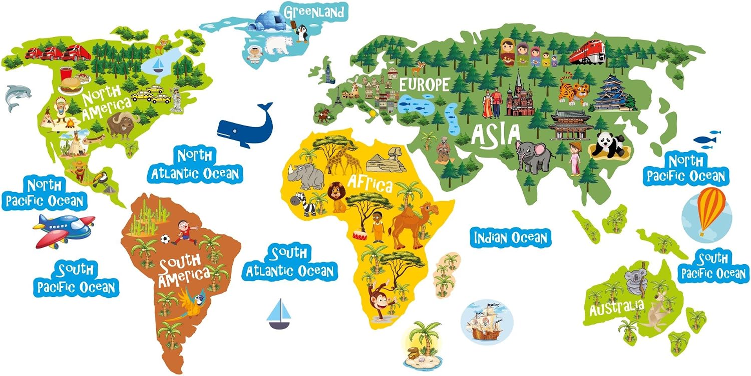 lepni.me World Map Kid’s Room Décor Peel and Stick Vinyl Sticker with Continents Oceans and Animals, Medium