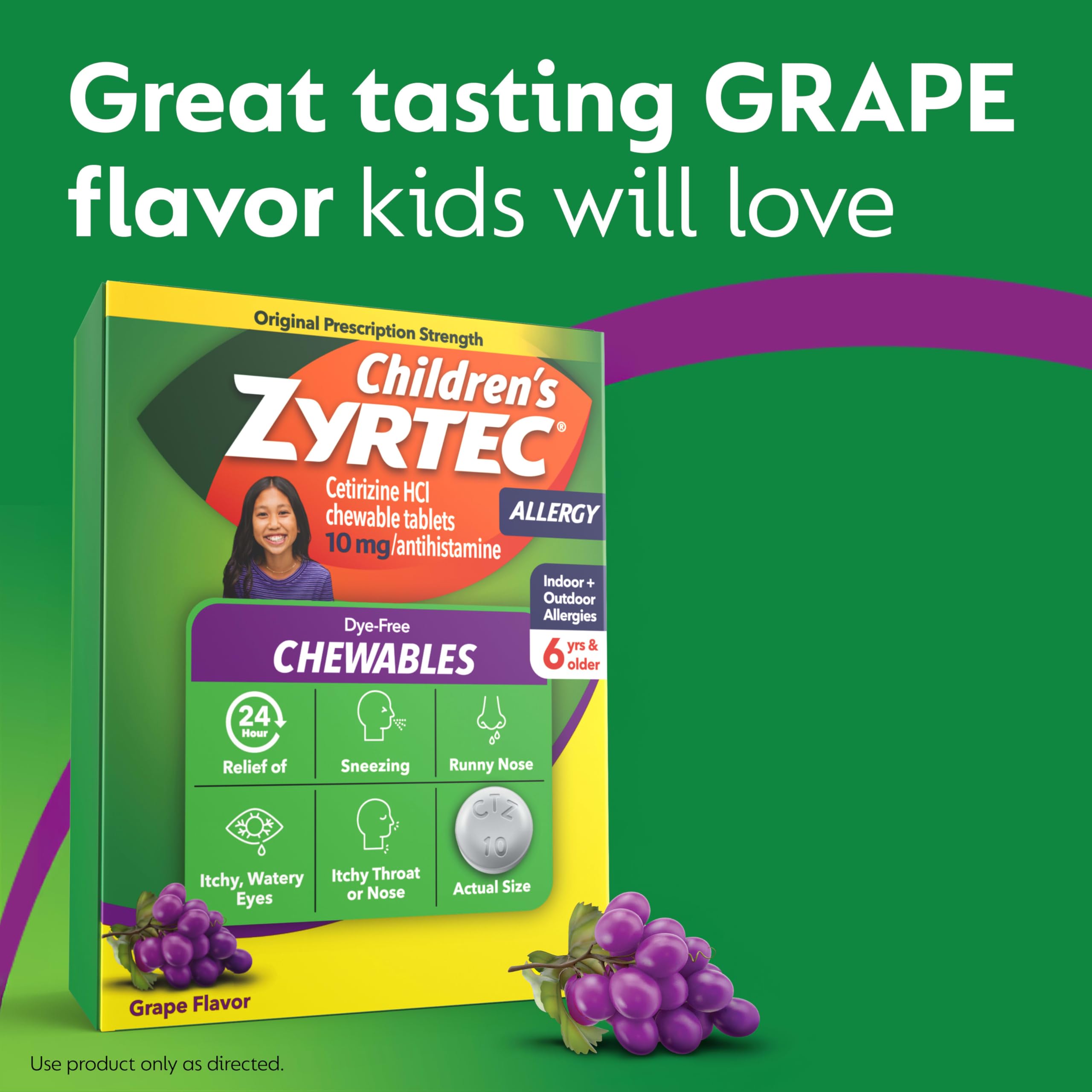 Zyrtec Children's Dye-Free Chewables for 24 Hour Allergy Relief, 10 mg Cetirizine Hydrochloride Antihistamine Tablets, Kids Allergy Medicine Relieves Sneezing & Itchy Throat, Grape, 24 ct