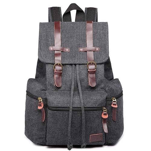 Kono Canvas Backpack Unisex Vintage Rucksack School Bag Casual Daypack for Women Men Boys Girls Outdoor Travel Hiking Camping (Black)