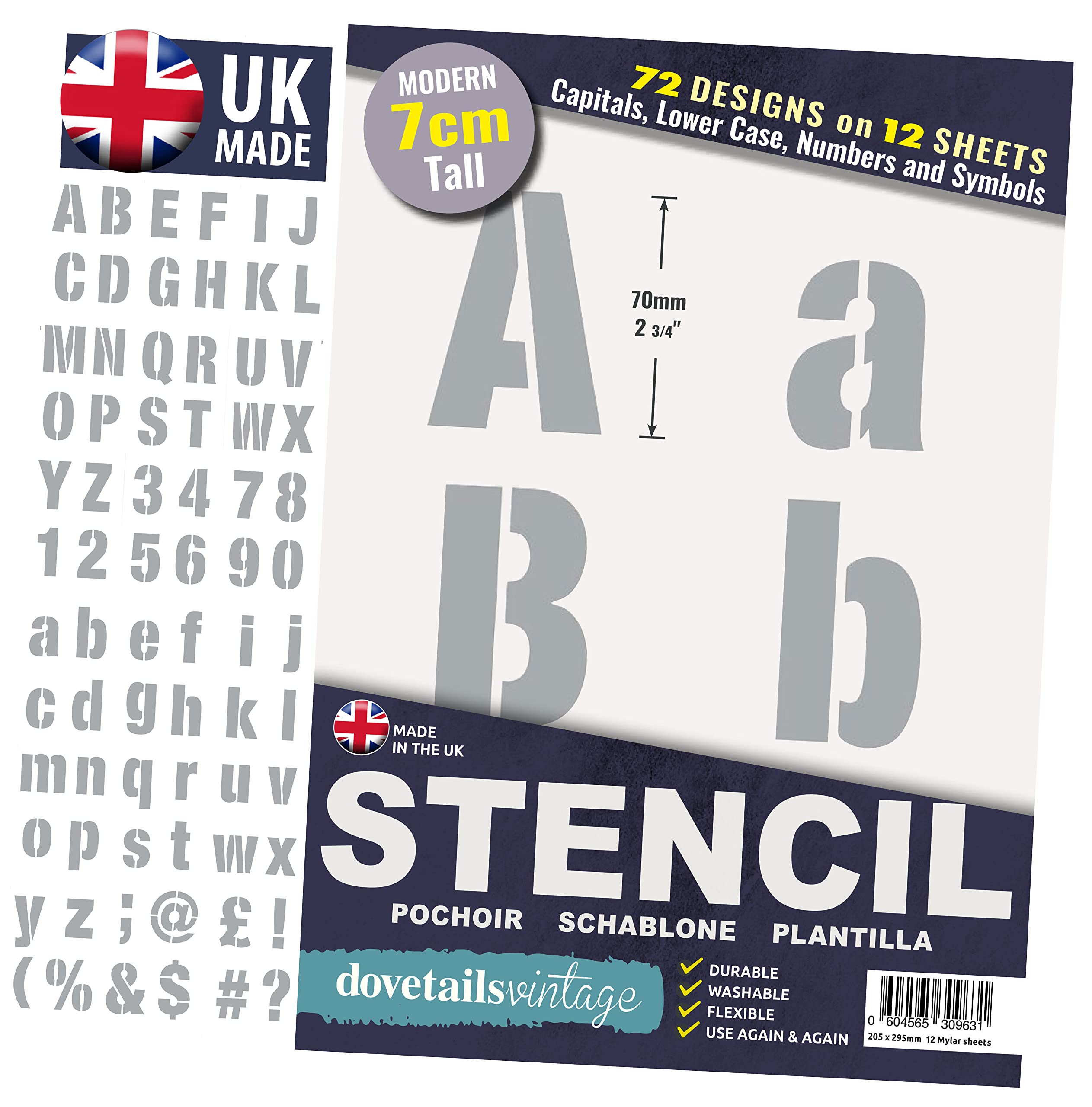 Dovetails Vintage 7 cm Tall Letter Stencil Kit - Modern Style Upper and Lower Case with Numbers and Symbols