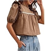 RoseSeek Women's Ruffle Frill Layered Blouses Shirts Puff Sleeve Mock Neck Loose Crop Tops