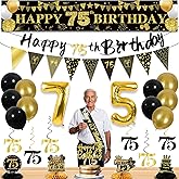 27pcs 75th Birthday Decorations for Men,Black Gold 75th Party Decorations,Happy 75th Birthday Banner Honeycomb Hanging Swirls Cake Topper and Balloons Kit Party Supplies