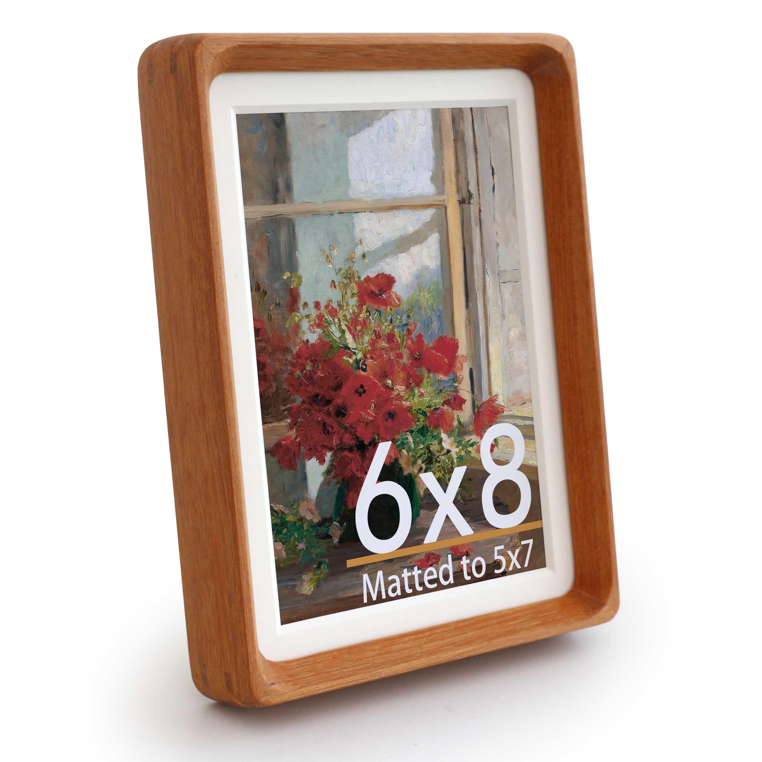 Zelvix Wooden Picture Frames, Small Polaroid Picture Frame 5x7 Matted to 6x8 with Plexiglass, Teak Solid Natural Wood Tiny Photo Frame, For TableTop and Wall Mounting