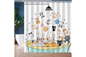 JWXCBIM Cute Cat Shower Curtain Set, Funny Cartoon Kids Home Bathroom Decor Polyester Waterproof Fabric Bath Curtain with 12 Hooks 72x72 Inches
