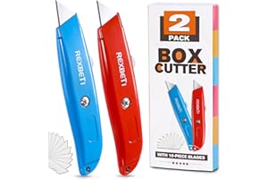 REXBETI 2 Pack Utility Knife with Extra Blades, 2 Color Retractable Blade Heavy Duty Box Cutter for Cartons，Cardboard and Boxes，Extra 10 Blades Included