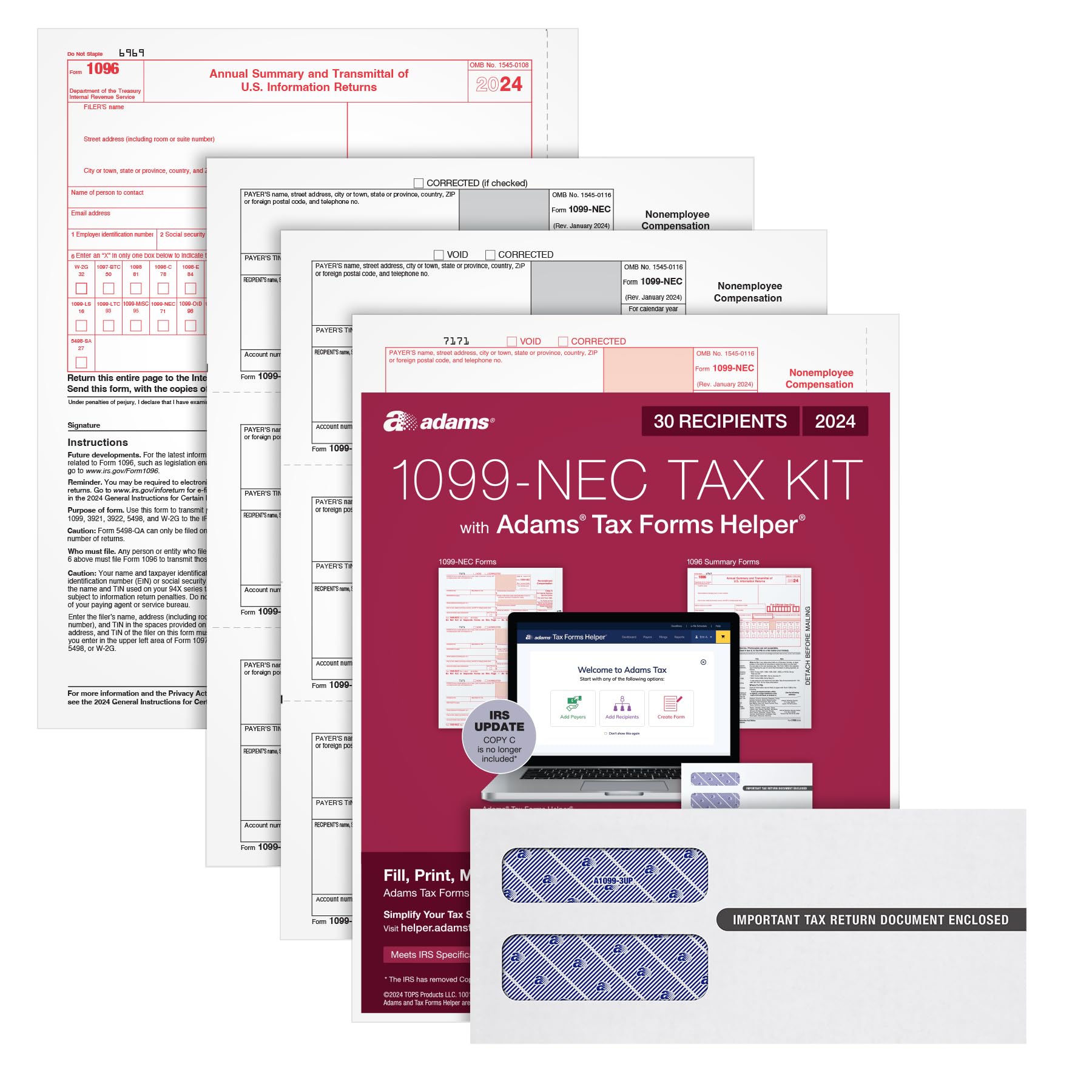 Photo 1 of Adams 2024 1099 NEC Kit for 30 Recipients, 3 Part Laser 1099 Forms, 6 1096 Forms, Self Seal Envelopes & Access to Adams Tax Forms Helper (1009313)