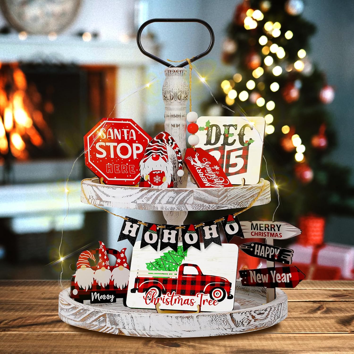 Tree Trays & Mats - ACETOP Christmas Tiered Tray Decor Farmhouse Table Tier Tray Decorations Set Rustic Serving Tray Decor Items w/LED Lights/Banner/Plaid Gnomes Xmas Wood Tabletop Signs for Indoor Home (Tray Excluded)