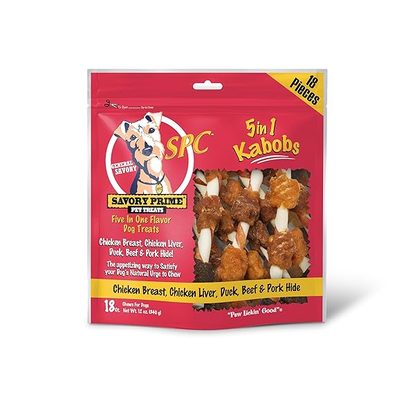 SAVORY PRIME SPC 5-IN-1 KABOBS 12 OZ. CHICKEN, DUCK, AND CHICKEN LIVER WRAPPED RAWHIDE AND PORK HIDE DOG CHEWS
