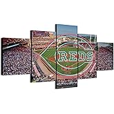 Cincinnati Baseball Stadium Panoramic Poster With Neon effect Reds Sign (5-Panel Framed Canvas Printing Full Size: 60x100cm) Home Decor Man Cave Wall Art