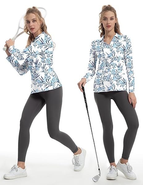 FKEEP WOMEN’S TENNIS GOLF SHIRT LONG SLEEVED TOP SPORT ACTIVEWEAR V-NECK WORKOUT ATHLETIC (BLUE FLOWERS, XL)