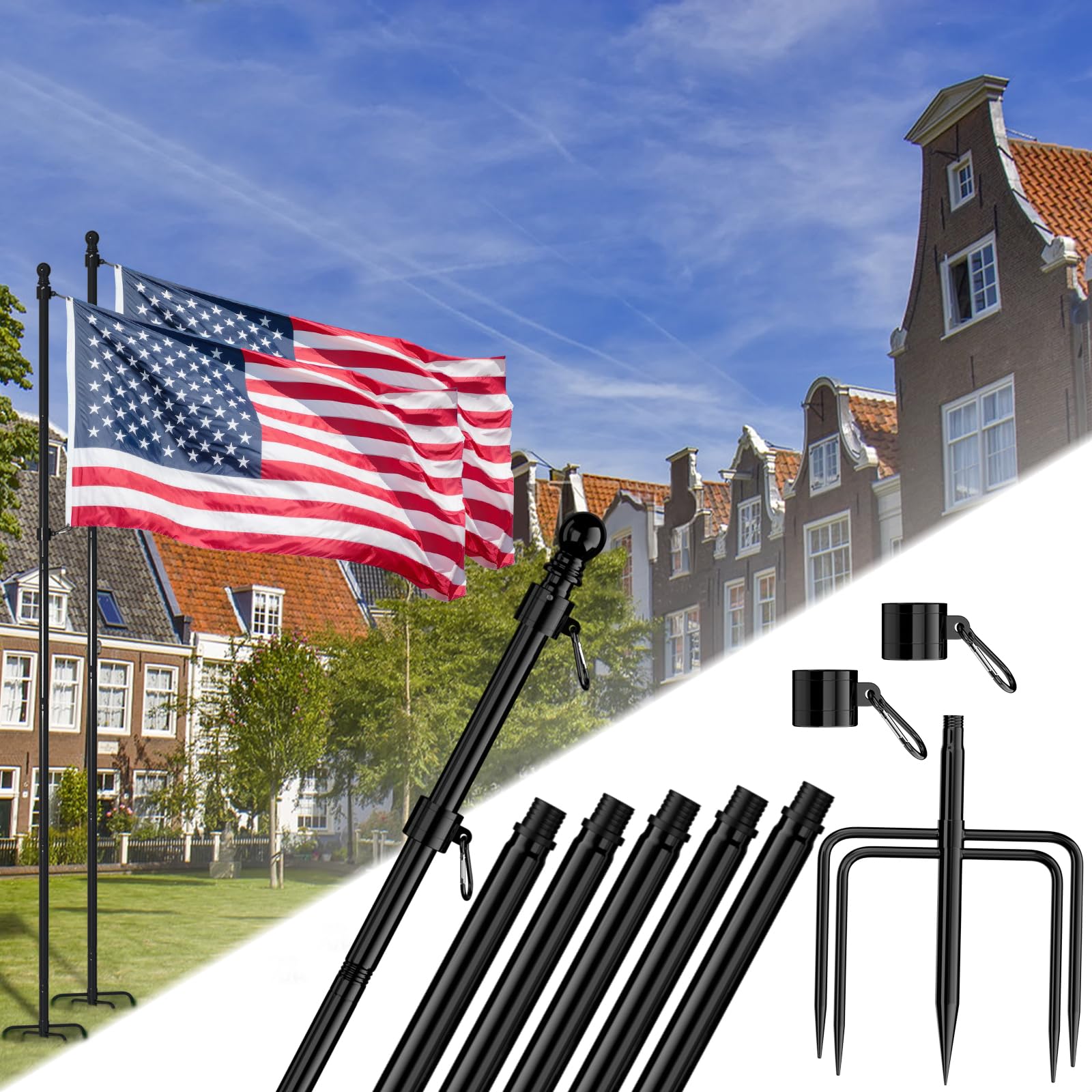 Photo 1 of FIASON 2 Pack 8 FT Stainless Steel Tangle Free Flag Pole in Ground with 5 Pronges Base, Flag Poles for American Flag Outside House Residential or Commercial Flag Poles Kit(Black, Without Flag)