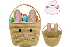 Brbecon Easter Bunny Basket for Kids with Name Tag, Brown Small Woven Easter Basket for Girls, Easter Egg Hunt Baskets Bags Easter Gifts Basket for Girls Baby Kids Children 9.8 x 7.8 x 7.8"
