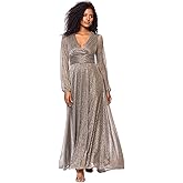 Betsy & Adam Women's Floor-Length, Long Sleeve, Metallic Crinkle, with Ruched Waist, Mocha/Gold, 16