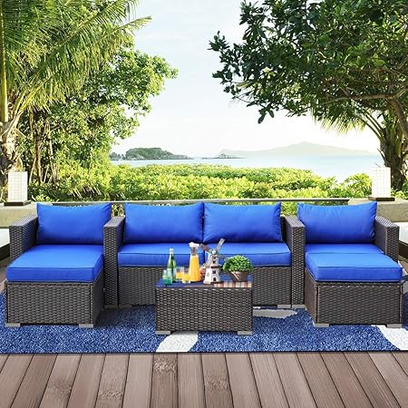 Amazon Com Patio Furniture Sofa Garden Couch Set 7 Piece Pe Rattan Sofa Outdoor Sectional Sofa Deck Conversation Furniture Set Black Wicker Royal Blue Cushion Kitchen Dining