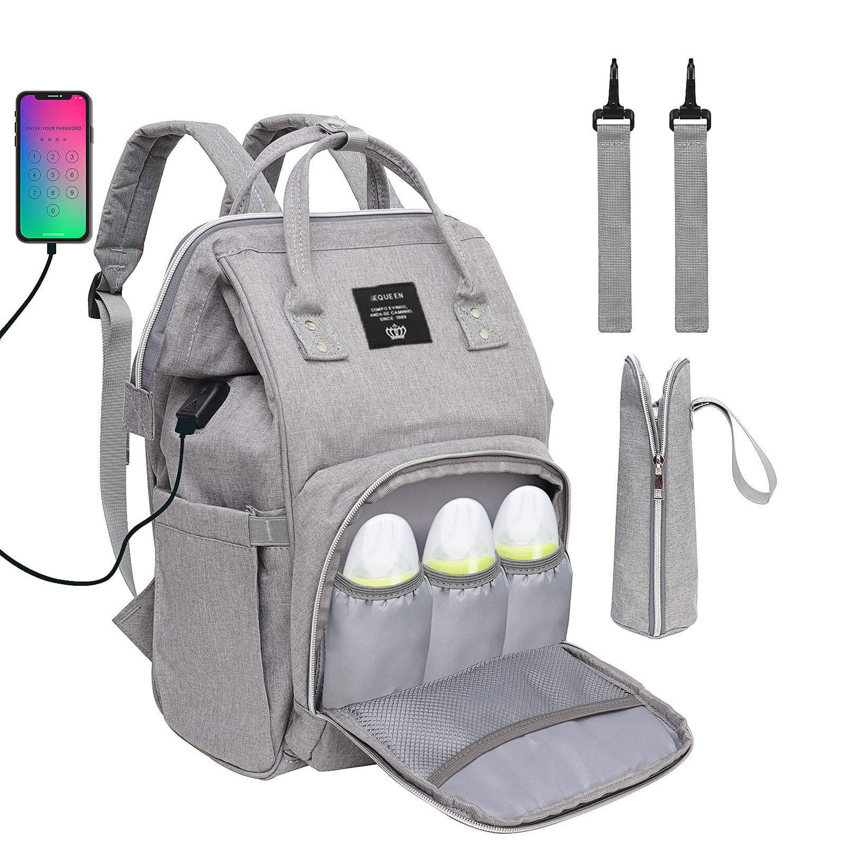 Homened Baby Diaper Bag Backpack, Multi-Function Waterproof Maternity Nappy Bags with USB Port for Mom & Dad, Large Capacity (Grey)