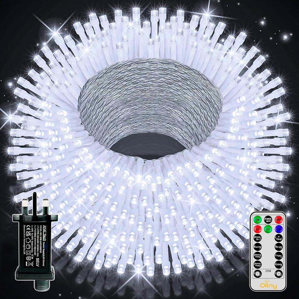 Ollny 50m LED Christmas Tree Lights Outdoor 500 Cool White 8 Modes Remote