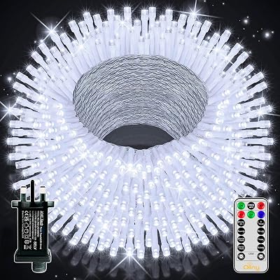 Ollny 50m LED Christmas Tree Lights Outdoor 500 Cool White 8 Modes Remote