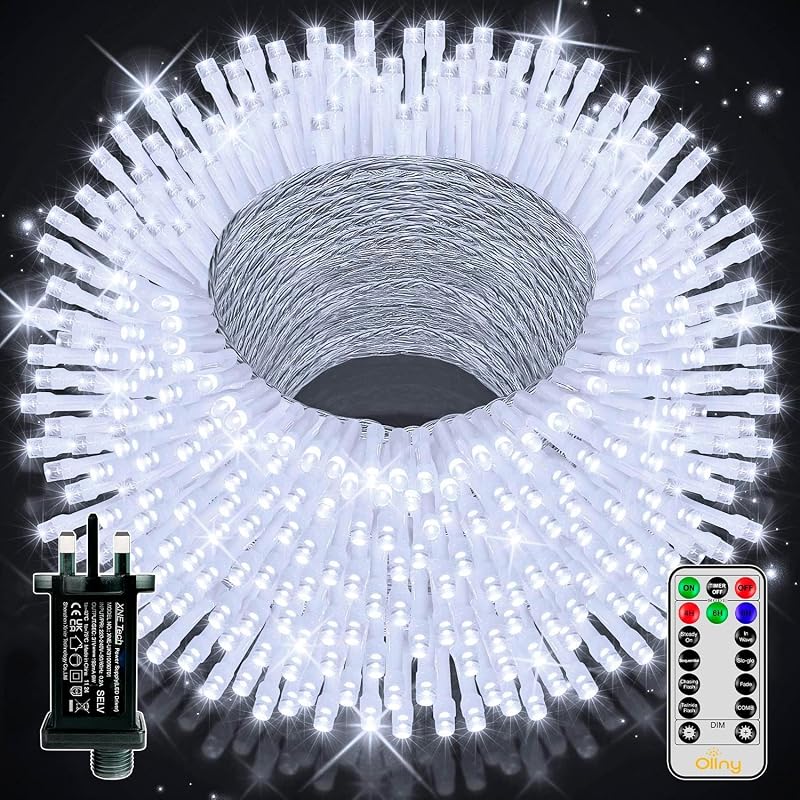 Ollny 50m LED Christmas Tree Lights Outdoor 500 Cool White 8 Modes Remote