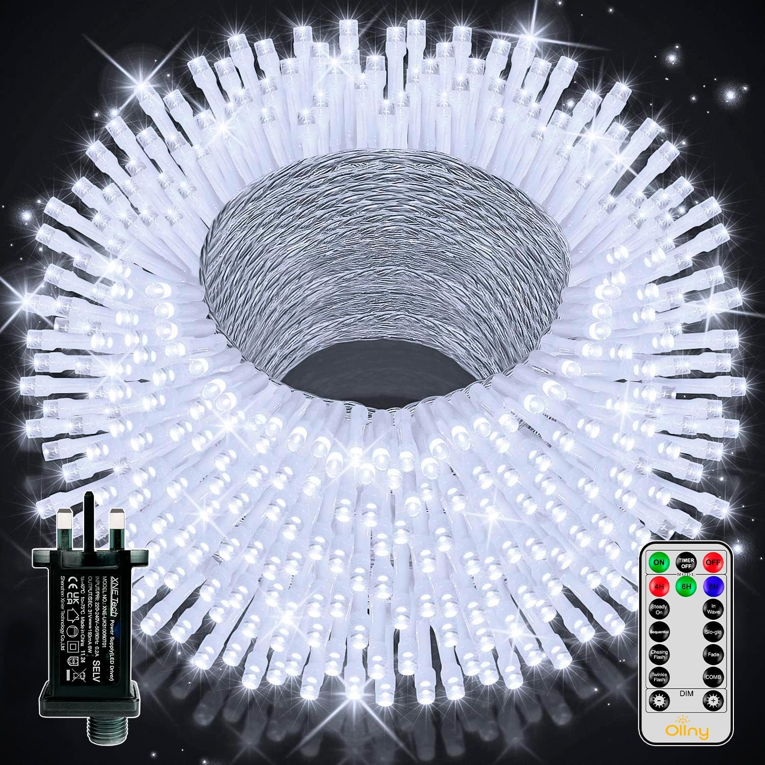 Ollny Christmas Tree Lights, 50m 500 LED Outdoor Fairy Light Mains Powered, Waterproof Cool White String Light with Plug, Remote/8 Modes/Timer, Bright Lighting Indoor/Outside/Garden/Xmas Decorations — image 1