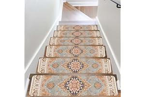 IKALIFE 15 PCS Carpet Stair Treads for Wooden Steps 30inX8in Indoor Non Slip Stair Runner Reusable Edging Stair Rugs Rubber Backing Safety Mats for Kids Elders and Pets,Orange & Blue