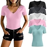Huukeay 5 Pack Women's Cotton V Neck T-Shirts Multipack Short Sleeve Slim Casual Ribbed Tops Basic Summer Tee