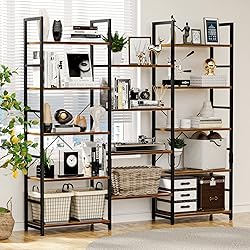 NUMENN Triple Wide 5 Tier Bookshelf, Rustic