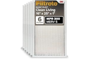 Filtrete 16x25x1 AC Furnace Air Filter, MERV 5, MPR 300, Capture Unwanted Particles, 3-Month Pleated 1-Inch Electrostatic Air Cleaning Filter, 6-Pack (Actual Size 15.69x24.69x0.81 in)
