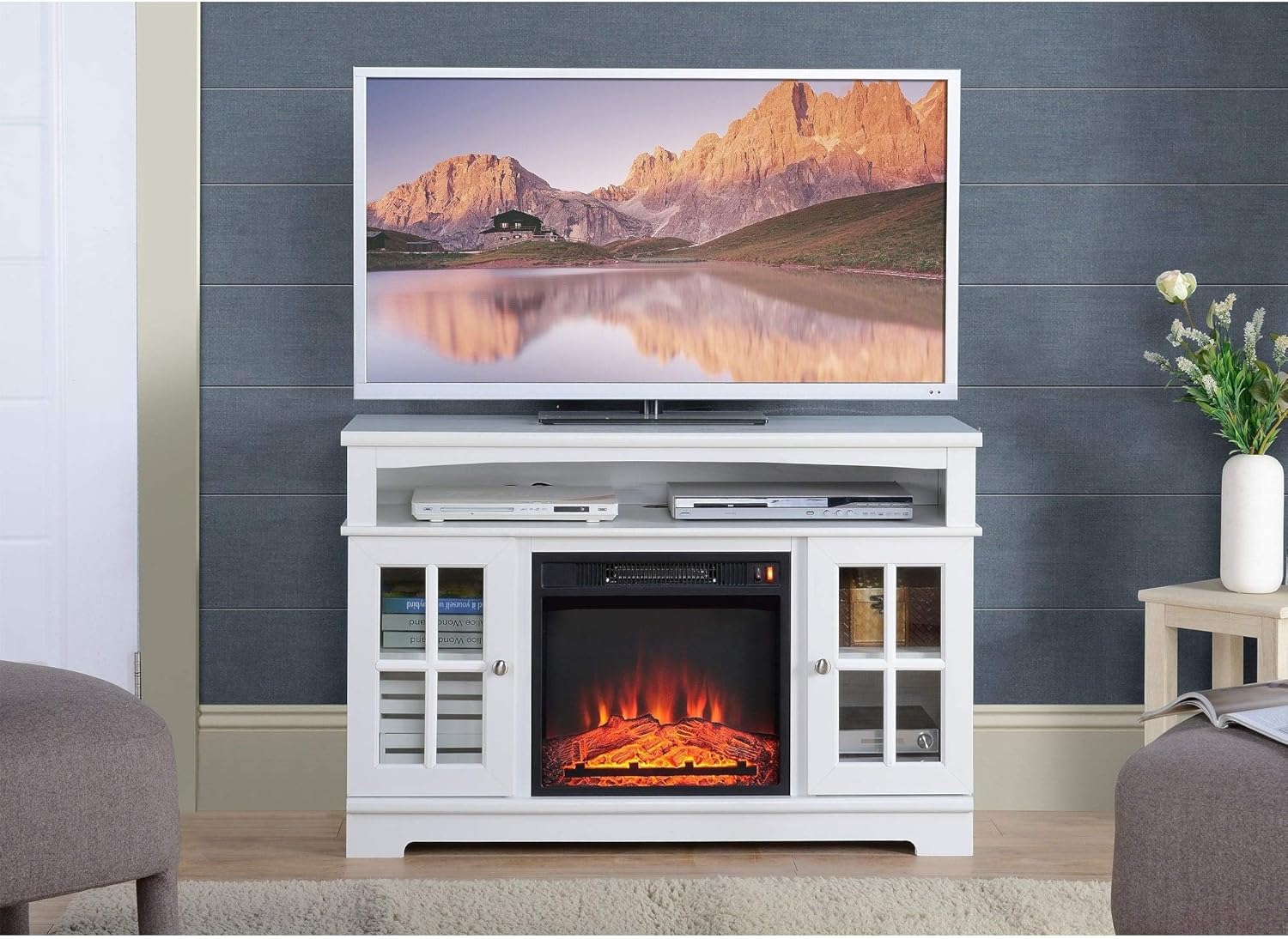 MISC Transitional White Wood Fireplace Tv Stand Includes