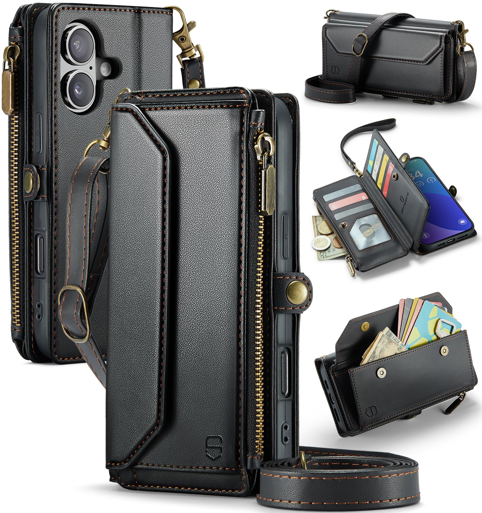 Photo 1 of Strapurs Wallet Case Compatible with iPhone 16 Plus 6.7" RFID Blocking 10-Card Holder Soft PU Leather Magnetic Snap Shoulder Strap Zipper Pocket Phone Case Fit for iPhone 16 Plus - Black